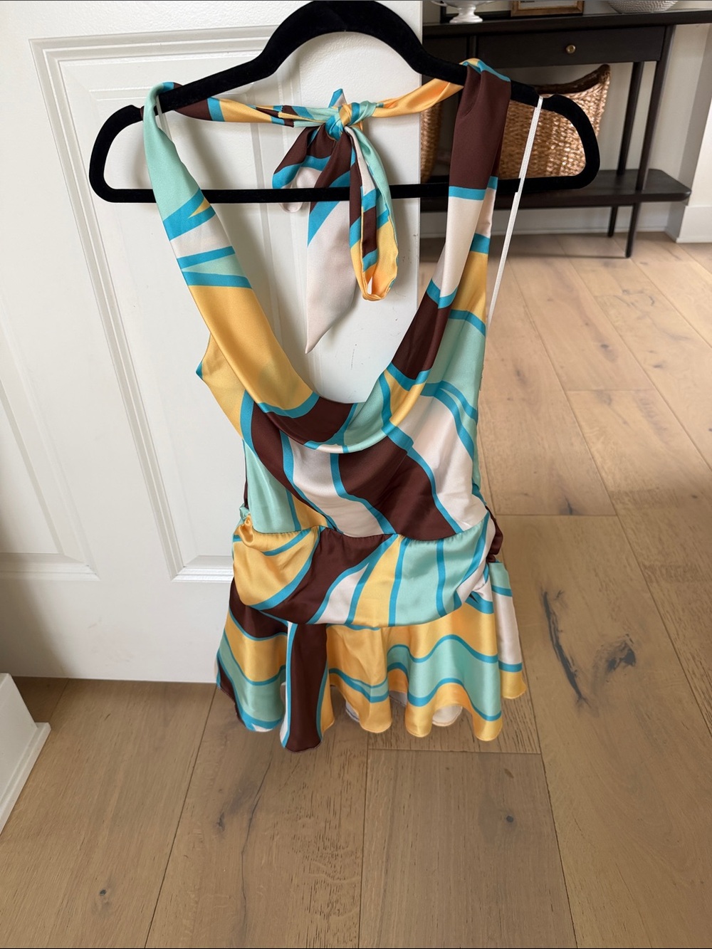 Women’s Halter Stripe Tie-Back Mini Dress in Yellow, Aqua & Brown